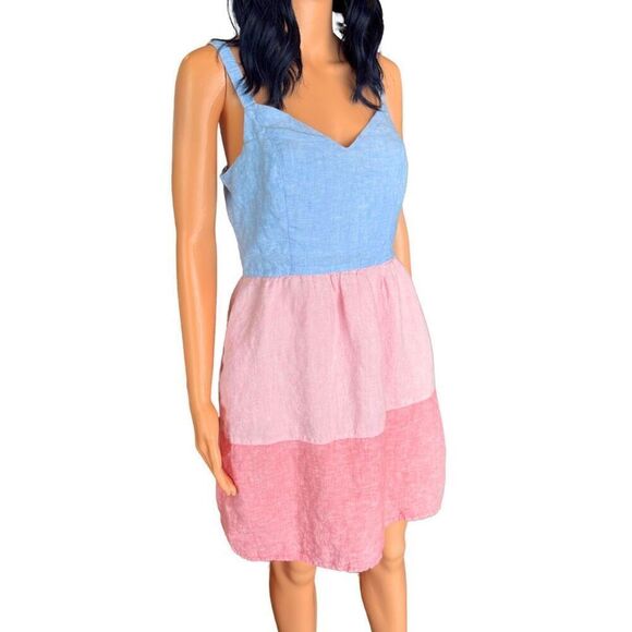 Cynthia Rowley 100% Linen Color Block Pink Blue Strappy Dress Size Medium - Picture 4 of 6